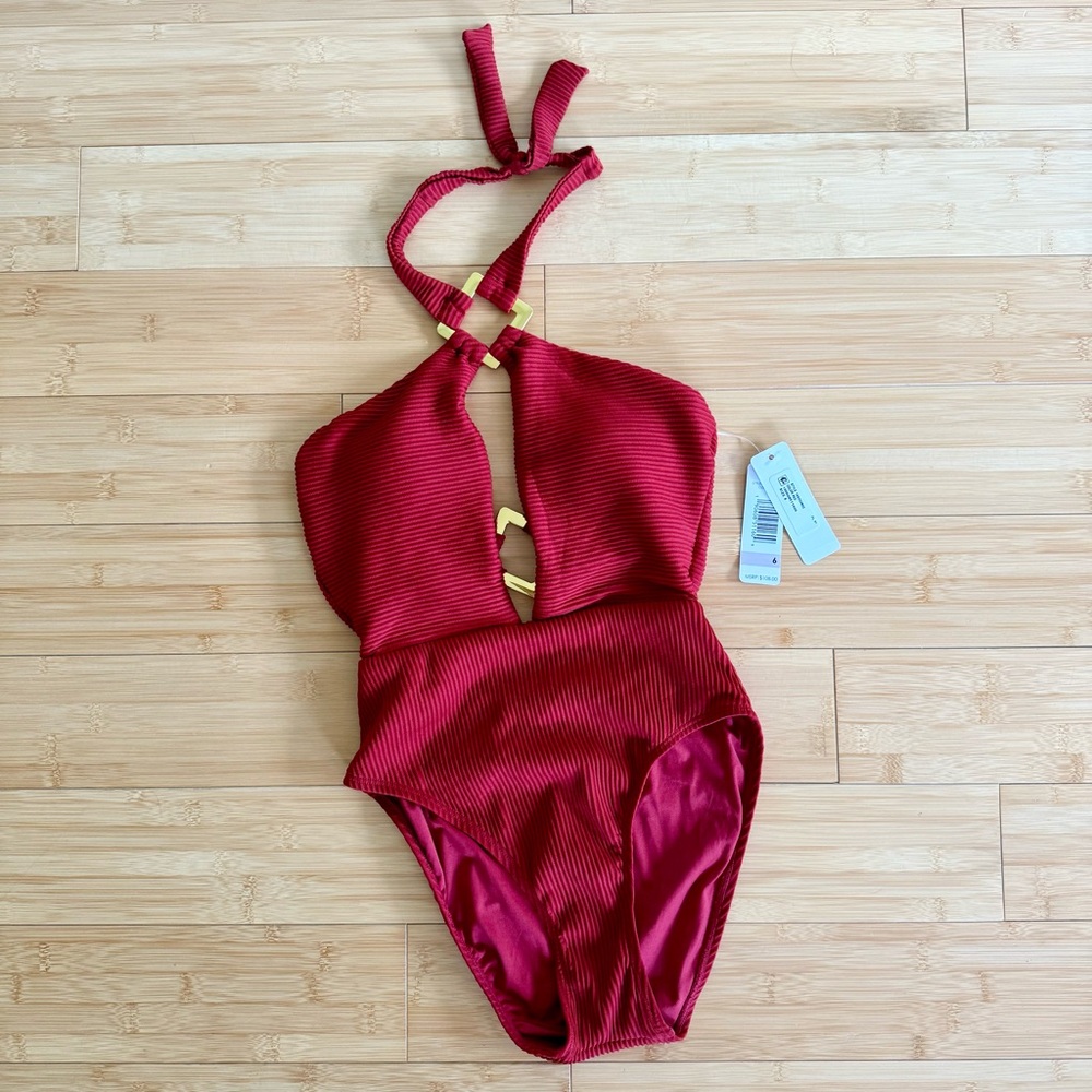 🍷ANNE COLE Studio Oh My Goddess One Piece Red Gold Halter Swimsuit - Picture 5 of 9